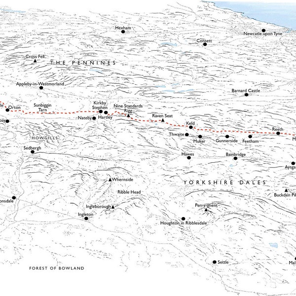 Wainwrights Coast to Coast Walk. Line illustration detailing the entire route from St Bees to Robin Hood's Bay.