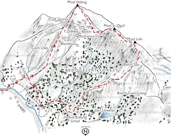 Moel Hebog, Noel yr Ogof and Moel Lefn. Line illustration detailing the classic walk from Beddgelert.