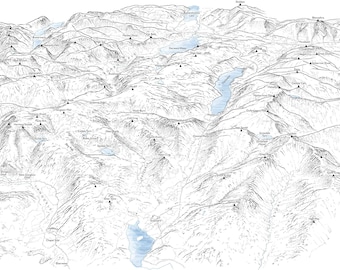 Grasmere, Central and Eastern Fells. Line illustration detailing all the Wainwrights, landmarks and lakes.