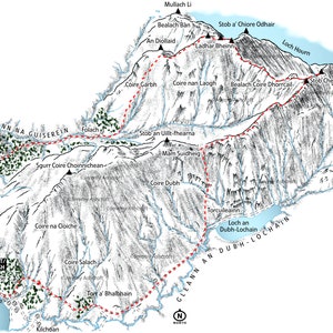 May include: A black and white map of a hiking trail in the Scottish Highlands. The trail is marked with a red dashed line and includes the names of mountains, rivers, and lakes. The map also includes a compass and a scale.