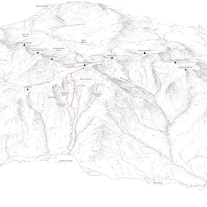 Mount Washington, New Hampshire. Line illustration detailing the hiking trails, Appalachian Trail, cog railway, and road. image 1