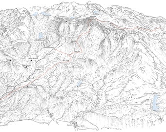 Pikes Peak, Linienillustration mit Details des Barr Singles, der Northwest Slopes, der Manitou Incline und der Pikes Peak Zahnradbahn.