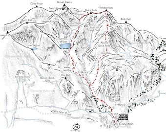 Wetherlam via Levers Water and Hole Rake, Lake District. Line illustration showing the walking route from Coniston.