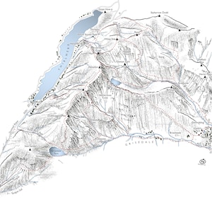 Helvellyn, Distrito de los Lagos. Ilustración de línea detallada que detalla las rutas principales, se pueden agregar rutas personalizadas.