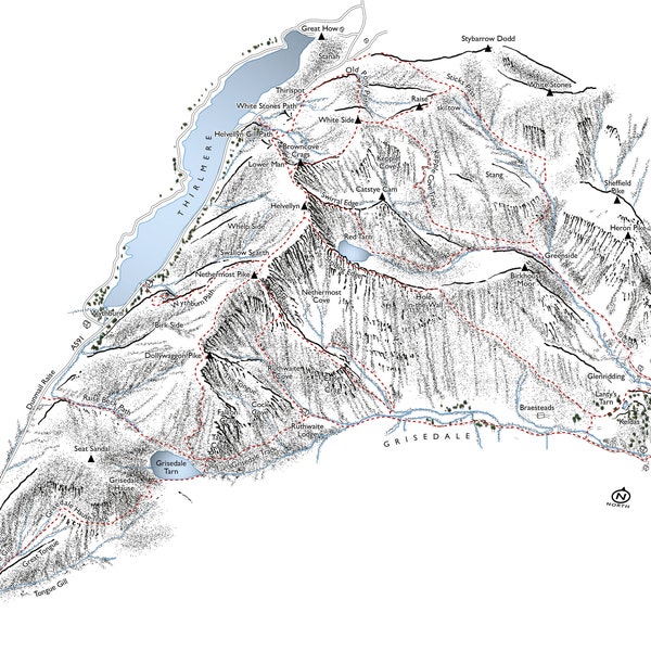 Helvellyn, Lake District. Detailed line illustration detailing the main routes, personalised routes can be added.