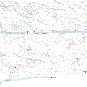 May include: A black and white map of a mountainous region with a red dotted line tracing a route across the landscape. The map shows many lakes and rivers.