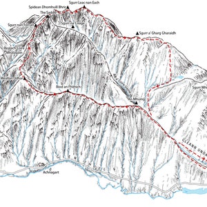 Glen Shiel Horseshoe, South Glen Shiel, Shiel Bridge. Line illustration of the classic mountain route.
