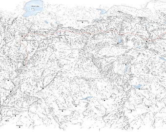 The John Muir Trail, Yosemite Valley to Mount Whitney, California. Line Illustration.
