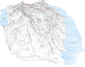 Ben Vorlich from Loch Sloy, Loch Lomond and Trossachs National Park. Line illustration detailing the Munro walks.