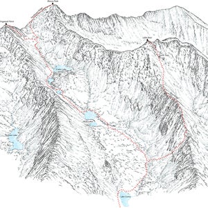 Blanca Peak, Ellingwood Point and Little Bear Peak (14ers), Sangre de Cristo, Colorado. Line illustration showing the Lake Como Approaches.