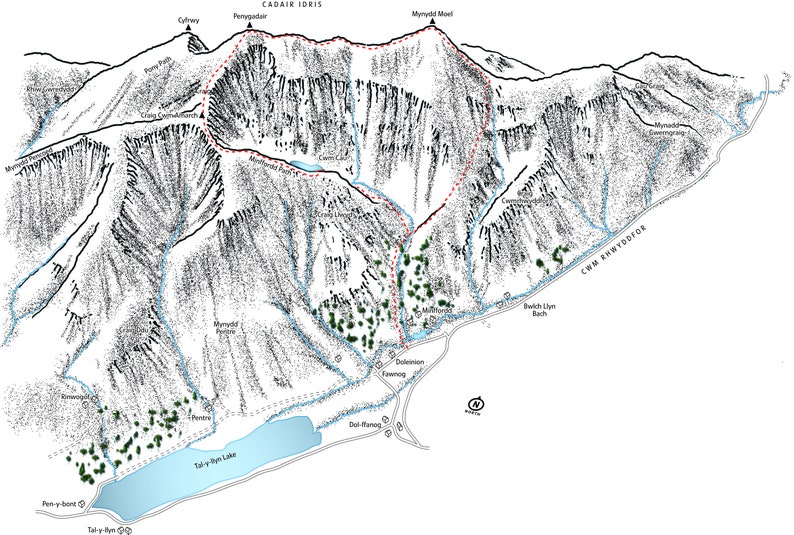 Cadair Idris, Snowdonia. Line illustration detailing the approaches around Cwm Cau from Minfford. image 1