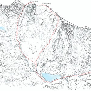 May include: A black and white line drawing of a mountain range with a red dashed line trail leading to the summit. The trail is labeled with the names "East Ridge", "Mt. Cannon Peak", and "Challenger Point".