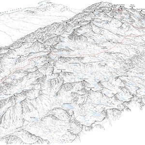 Forester Pass section of the John Muir Trail/Pacific Crest Trail. Illustration detailing the trail between Vidette Meadow and Mount Whitney.