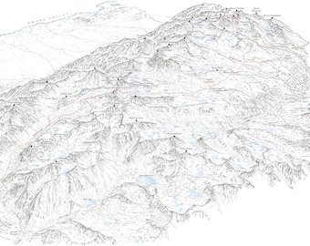 Forester Pass section of the John Muir Trail/Pacific Crest Trail. Illustration detailing the trail between Vidette Meadow and Mount Whitney.
