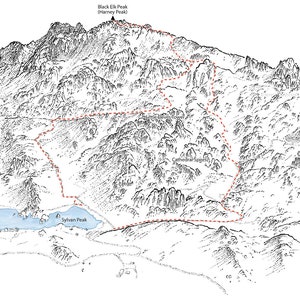 Black Elk Peak aka Harney Peak, forêt nationale des Black Hills, Dakota du Sud (point le plus élevé). Illustration montrant le sentier du lac Sylvan.
