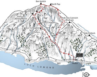 Ben Vorlich, Loch Lomond and Trossachs National Park. Line illustration detailing the Munro walk.