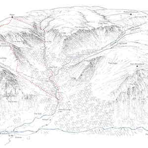 Corrie Fee, illustration de la ligne Glen Glova détaillant la marche des Munros au-dessus de Driesh et Mayar.
