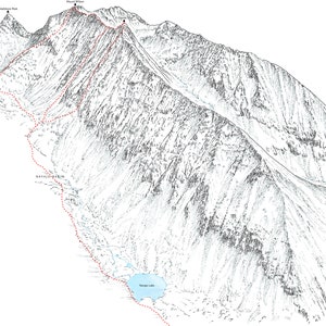 May include: A black and white line drawing of a mountain range with a red dashed line trail leading to the summit. The trail passes through a valley and a lake. The text "NAVIGATOR BASIN" is visible on the map.