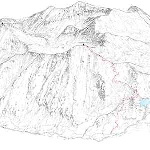 May include: A black and white line drawing of a mountain range with a red dashed line showing a hiking trail. The trail leads to the summit of the mountain, which is marked with a small black dot. The drawing also includes a small blue lake.