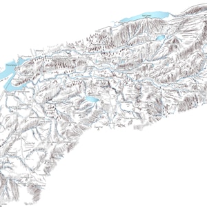 Eskdale im Seenplatte. Linienillustration mit allen Bergen, Seen und Wainwrights.