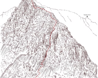 Bristly Ridge, Gyderau, Snowdonia. Line illustration detailing the classic scramble.