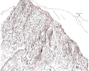 Könnte beinhalten: Eine Schwarzweiß-Zeichnung eines Berges mit einer roten Linie, die einen Wanderweg zeigt. Der Weg führt den Berg hinauf und durch eine enge Schlucht namens "Sinister Gully". Der Weg führt weiter den Berg hinauf zum Gipfel, der "Bristly Ridge" heißt.