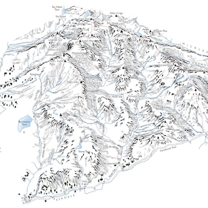 May include: A black and white map of a mountainous region with a red dotted line indicating a hiking trail. The map includes the names of various peaks, rivers, and other geographical features.