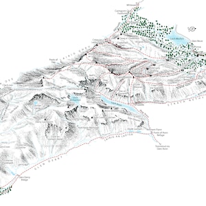 Cairn Gorm: ilustración general que detalla las principales rutas y las pistas de esquí.