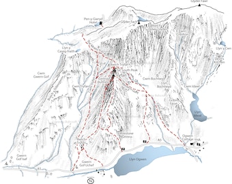 Tryfan overview illustration, detailing all the approach routes including.