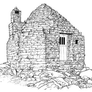 John Muir Memorial Shelter, Muir Pass, California. Line illustraion detailing the memorial shelter constructed by the Sierra Club in 1930.