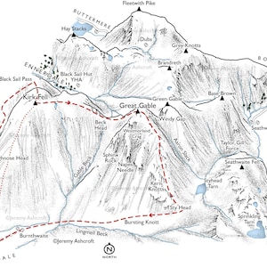 Great Gable y Kirk Fell desde Wasdale, Distrito de los Lagos. Ilustración lineal que detalla las rutas clásicas.