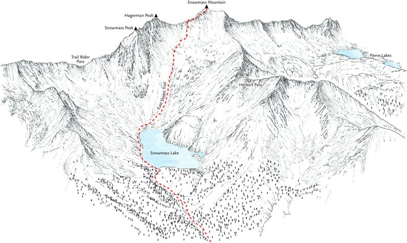 Snowmass Mountain 14ers line illustration showing the East Slopes Trail image 1