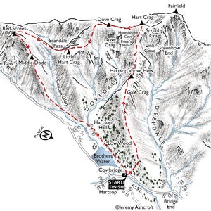 Dovedale Round, ilustración lineal del clásico paseo por el Distrito de los Lagos.