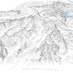 El monte Saint Elias es la segunda montaña más alta de Estados Unidos y Canadá. Ilustración lineal que muestra todas las características principales.