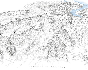 Mount Saint Elias second highest mountain in both the United States and Canada. Line illustration showing the all the main features.