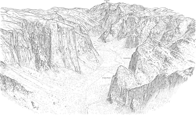 Tunnel View, Yosemite. Line illustration detail an elevated version of the classic view. image 1