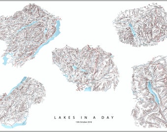 Lakes in a Day, 50 mile walk or ultra run from Caldbeck to Cartmel. Five section illustrations detailing the whole route.