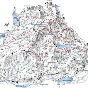 Ilustración general de Snowdon (Yr Wydffa) que detalla toda la ruta principal.