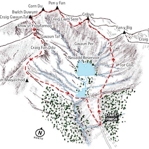 Brecon Beacons from Cwm Neuadd. Line illustration showing the classic walk.