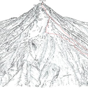 Può includere: Un disegno in bianco e nero di una montagna con una linea tratteggiata rossa che mostra un sentiero escursionistico. Il sentiero inizia alla base della montagna e si snoda fino alla cima. La cima è contrassegnata da una stella rossa e dalle parole "Mount Hood".