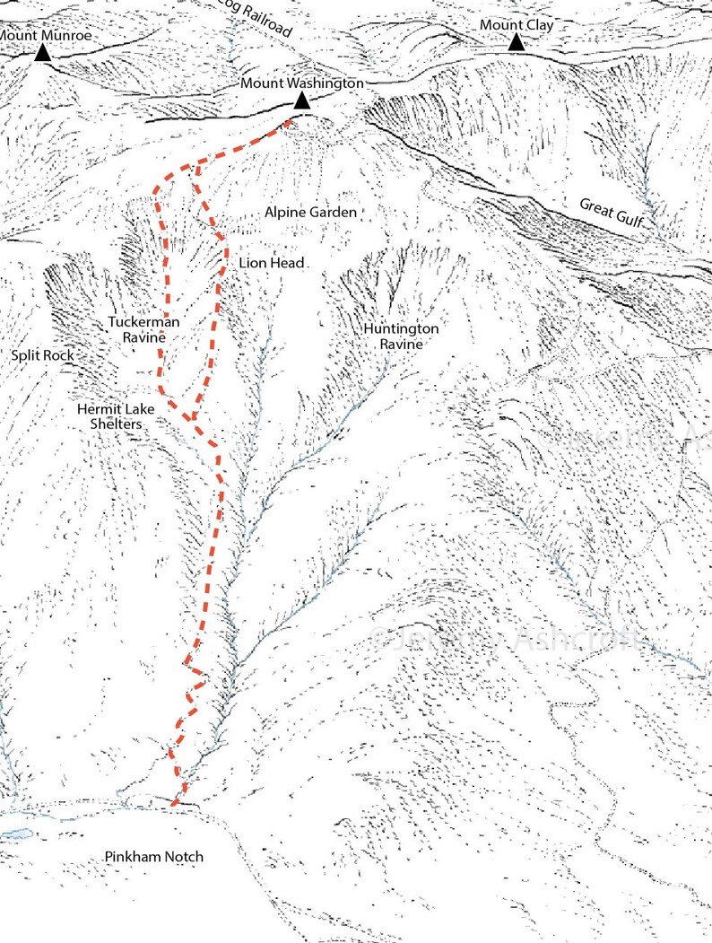 Mount Washington, New Hampshire. Line illustration detailing the hiking trails, Appalachian Trail, cog railway, and road. image 2