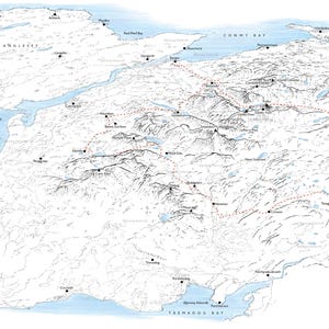 Sendero de pizarra de Snowdonia. Ilustración lineal que detalla toda la caminata de 83 millas.