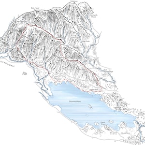 Katzenglöckchen, Jungfer Moor, Hoher Spion und Burgfelsen. Linienillustration mit Details des klassischen Schritts.