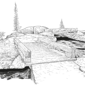 Lyell Fork Bridge, Lyell Canyon, California. Line illustration detailing a key landmark on the JMT & PCT