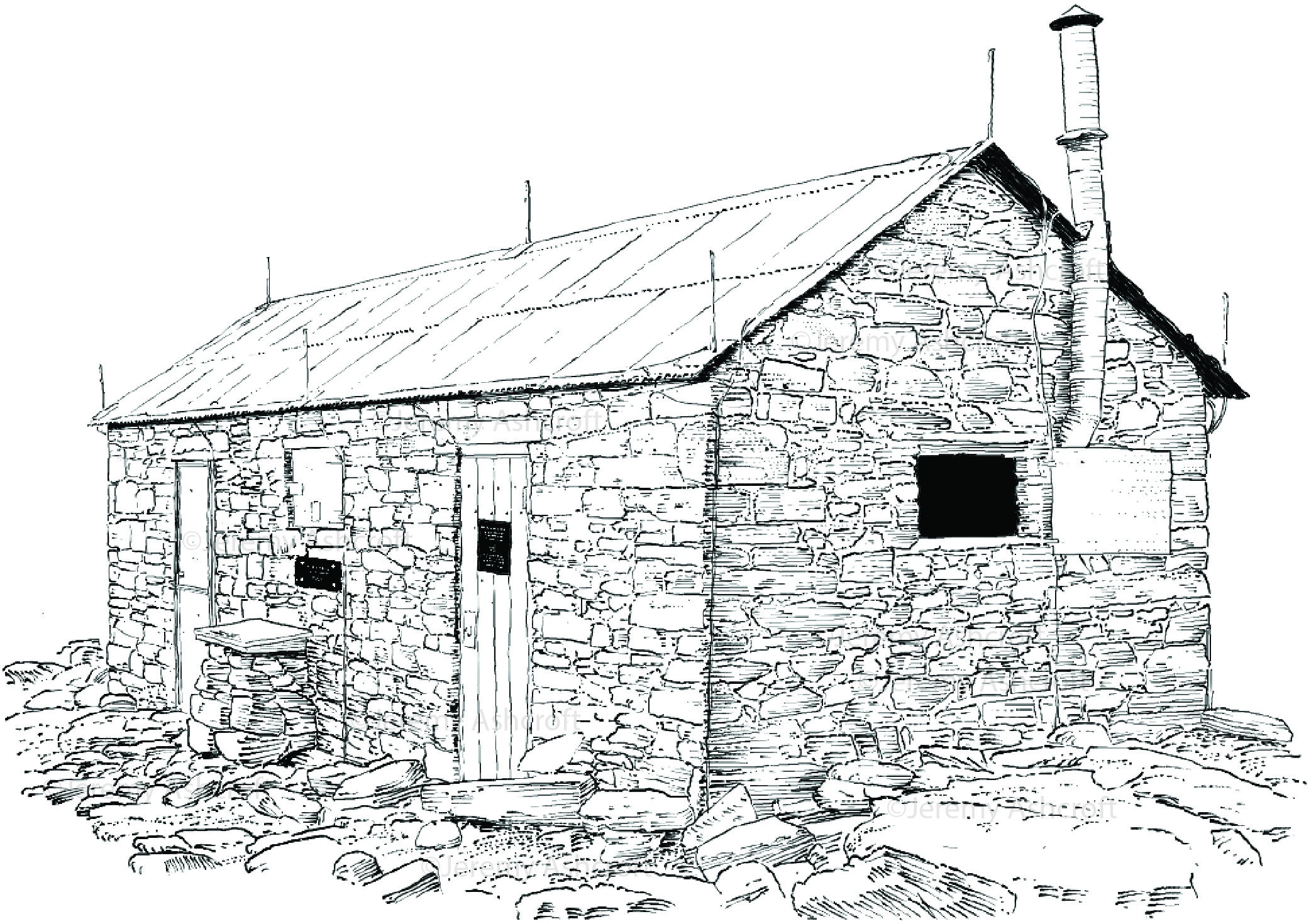 Mount Whitney Summit Shelter, California. Line illustraion detailing the Smithsonian Institution Hut.