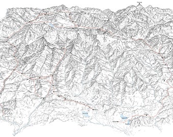 Annapurna Circuit. Line illustration showing the entire path all the key landmarks.