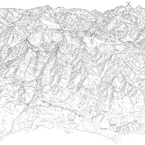 Annapurna Circuit. Line illustration showing the entire path all the key landmarks.