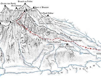 Sgurr nan Gillean, overview line illustration showing the South East Ridge approach.