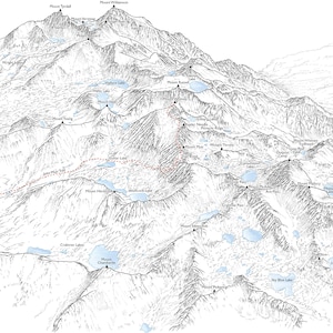 Mount Whitney viewed from the southwest, California. Line illustraion detailing the John Muir Trail from Crabtree to the summit.