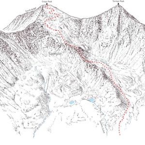 Puede incluir: Una ilustración en blanco y negro de una cordillera con una línea discontinua roja que muestra un sendero de senderismo. El sendero comienza en Gray Peak y termina en Torrey Peak. El texto "Sample" está escrito en la imagen.